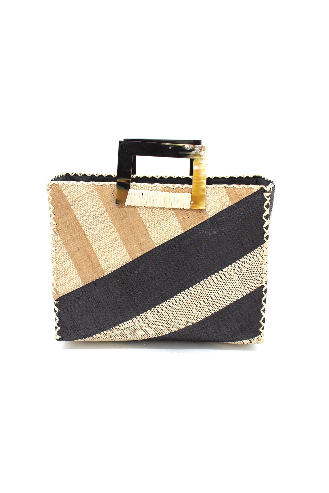 Stevie Double Wide Stripe Straw Handbag with Horn Handles: Black & Cappuccino