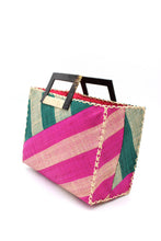 Stevie Double Wide Stripe Straw Handbag with Horn Handles: Black & Cappuccino
