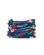 Sage Multi-Color Flower Beaded 10 Strand Stretch Bracelet Navy