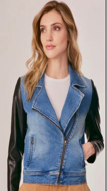 Pleather Sleeve Denim Moto w/ Faux Leather sleeves