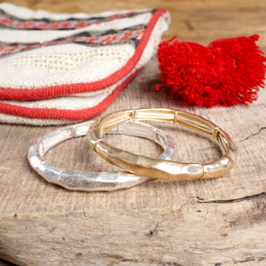 Boho Stretchy Minimalist Bangle Raw Textured Worn Gold and Silver tones: Worn Silver