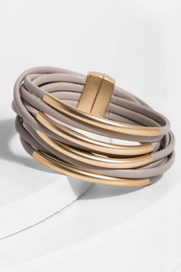 Tubular Leather Metal Bracelet: Taupe