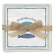Ceramic Napkin Trays + Napkins - Drink Like A Fish: Tray: 5.75" SQ x 1.25" H ,  Napkin: 5" SQ