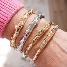 Stretchy Stackable Bangle Pearls and Rhinestones Gold or Silver Tone: Pearls and Crystals - Gold Tone