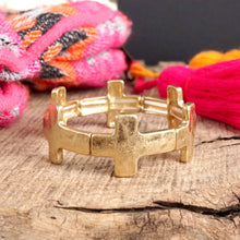 Hammered Sideways Cross Bracelet in Worn Silver Gold Tone Boho Style: Worn Gold Tone