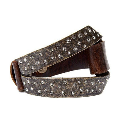 Split Metal Crystal and Leather Bracelet: Vintage Brown w Black Diamond