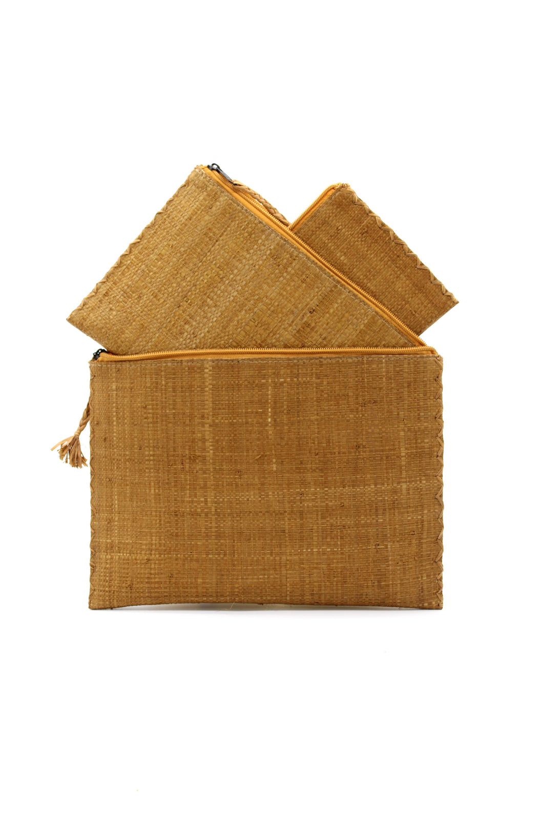 Set of 3 Nesting Zippered Straw Clutches Solid Colors: Tobacco / Solid