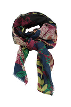 Tropical Forest Floral Print Scarf Wrap: Black & Wine
