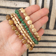 Boho Beaded Bracelet Stack Green Brown and worn gold tone - Set of 5