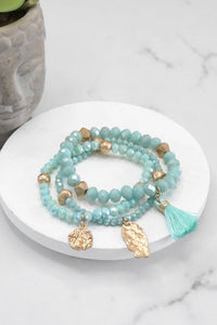 Beaded bracelet stack with tassel and coins Aqua Taupe Rose: Rose