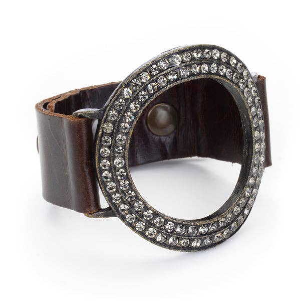 Open Circle Crystal Leather Bracelet: Grey Metallic w Black Diamond