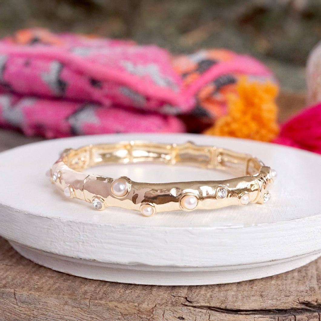 Stretchy Stackable Bangle Pearls and Rhinestones Gold or Silver Tone: Pearls and Crystals - Gold Tone