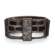 Open Rectangle Leather Bracelet: Gold metallic w mop