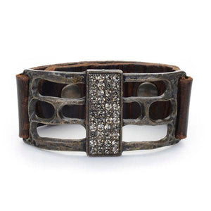 Open Rectangle Leather Bracelet: Gold metallic w mop