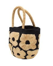 Eva Embroidered Flower Crochet Straw Basket Handbag: Denim & Cappuccino