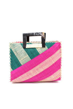 Stevie Double Wide Stripe Straw Handbag with Horn Handles: Black & Cappuccino