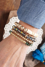 Bracelets stack of 4 piece beaded with Dark Green Semi Precious stones glass wooden and golden beads