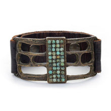 Open Rectangle Leather Bracelet: Gold metallic w mop