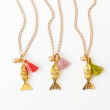24K Gold Plated Fish Charm Necklace with Crystal Pearl: Green / 16"