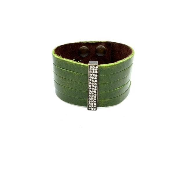 Pave Crystal Bar Leather Bracelet: Cilantro w black diamond