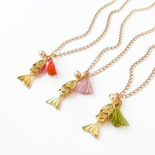 24K Gold Plated Fish Charm Necklace with Crystal Pearl: Orange / 16"