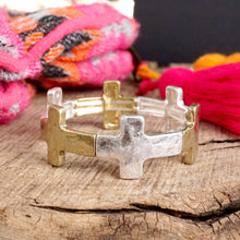 Hammered Sideways Cross Bracelet in Worn Silver Gold Tone Boho Style: Worn Gold Tone