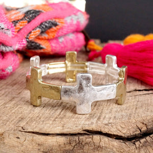 Hammered Sideways Cross Bracelet in Worn Silver Gold Tone Boho Style: Worn Gold Tone