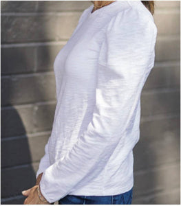 Joanie Subtle Puff Long Sleeve Tee w/Elastic Cuff in White
