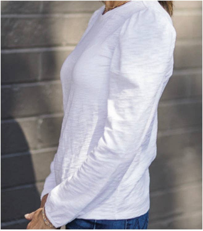 Joanie Subtle Puff Long Sleeve Tee w/Elastic Cuff in White