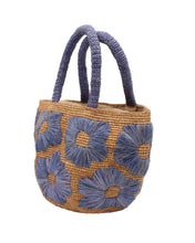 Eva Embroidered Flower Crochet Straw Basket Handbag: Denim & Cappuccino