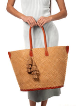 Santa Ynez Small Woven Straw Tote Bag with Tassel Charm: Cappuccino