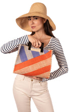 Stevie Double Wide Stripe Straw Handbag with Horn Handles: Black & Cappuccino