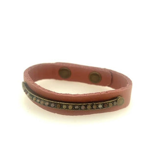 Narrow Leather Band Crystal ID Bracelet: Vintage Brown w Lt Turq