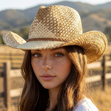 Two Tone Straw Braided Patches Cowboy Hat: KA