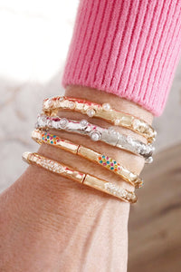 Stretchy Stackable Bangle Pearls and Rhinestones Gold or Silver Tone: Pearls and Crystals - Gold Tone