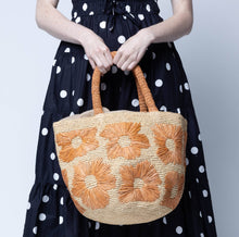 Eva Embroidered Flower Crochet Straw Basket Handbag: Denim & Cappuccino