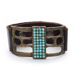 Open Rectangle Leather Bracelet: Gold metallic w mop