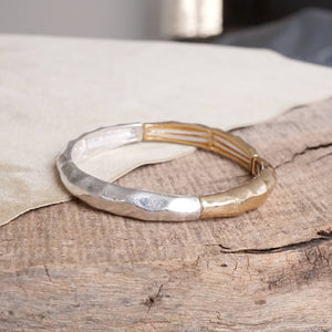 Boho Stretchy Minimalist Bangle Raw Textured Worn Gold and Silver tones: Worn Silver