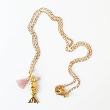24K Gold Plated Fish Charm Necklace with Crystal Pearl: Green / 16"