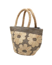 Eva Embroidered Flower Crochet Straw Basket Handbag: Denim & Cappuccino