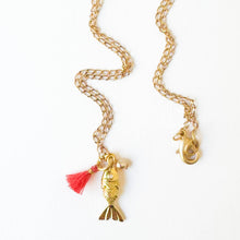 24K Gold Plated Fish Charm Necklace with Crystal Pearl: Orange / 16"