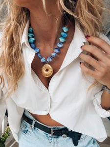 Gold large urchin statement necklace in blue