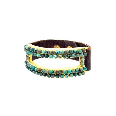 Open Rectangle Leather Bracelet in Gold Finish: Vintage Brown w African Turq
