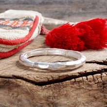 Boho Stretchy Minimalist Bangle Raw Textured Worn Gold and Silver tones: Worn Silver
