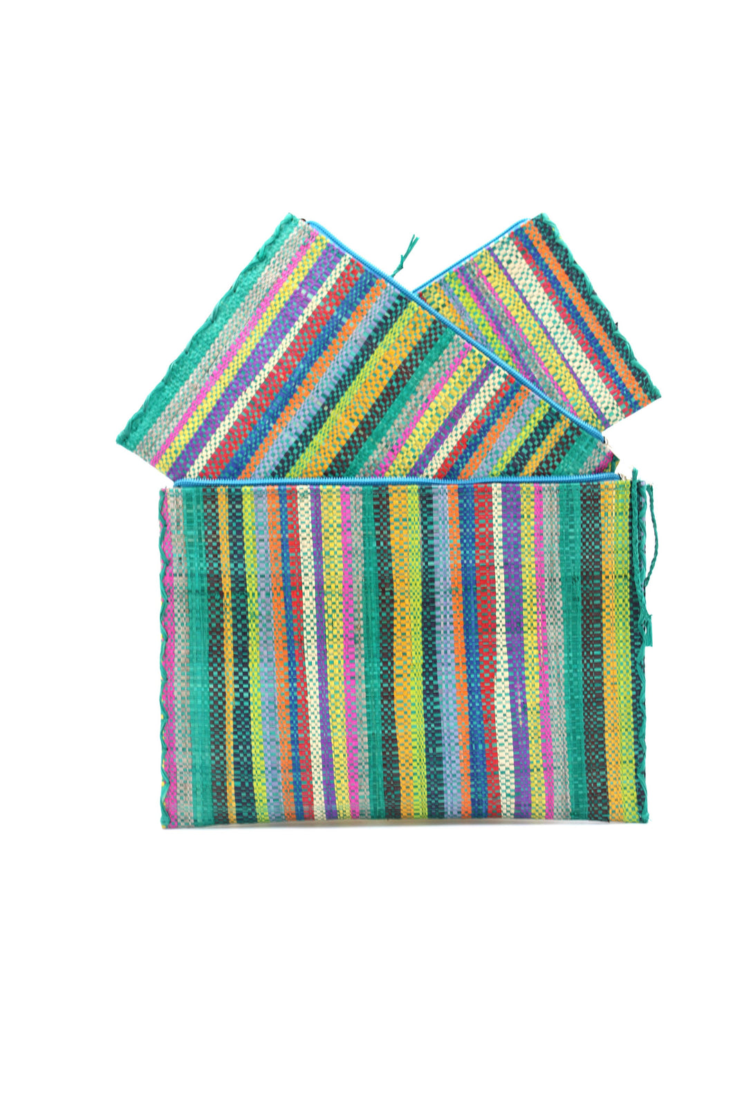 Set of 3 Nesting Zippered Straw Clutches Stripe Pattern: Turquoise Stripe / Striped