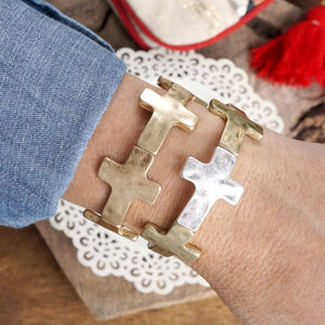 Hammered Sideways Cross Bracelet in Worn Silver Gold Tone Boho Style: Worn Gold Tone