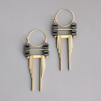 CHRE54 ArtDeco hematite and brass hoop earrings