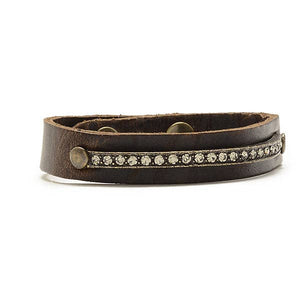 Narrow Leather Band Crystal ID Bracelet: Vintage Brown w Lt Turq