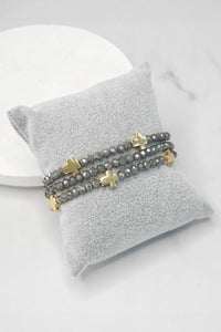 Mini Sideways Cross Bracelet stack Glass and gold metal beads: Grey