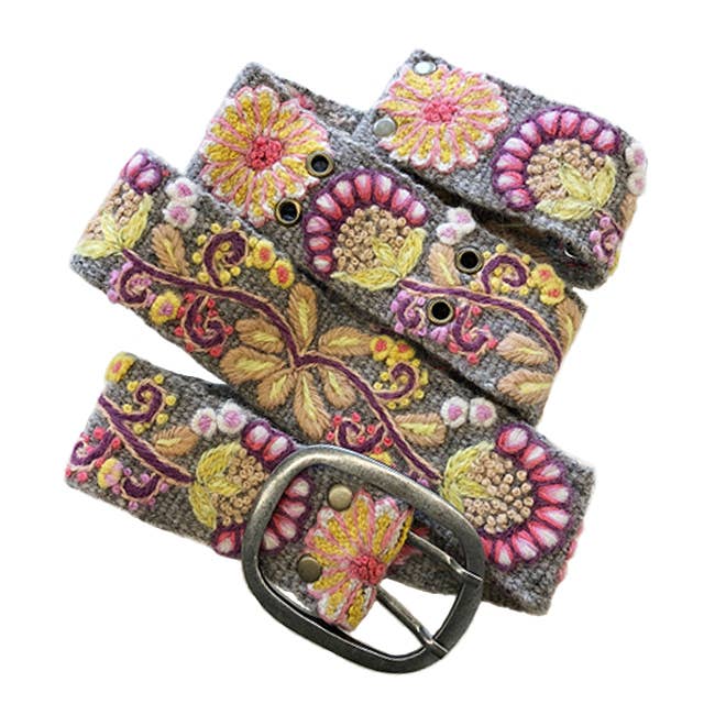 Heather Gray Floral Embroidered Wool Belt: L